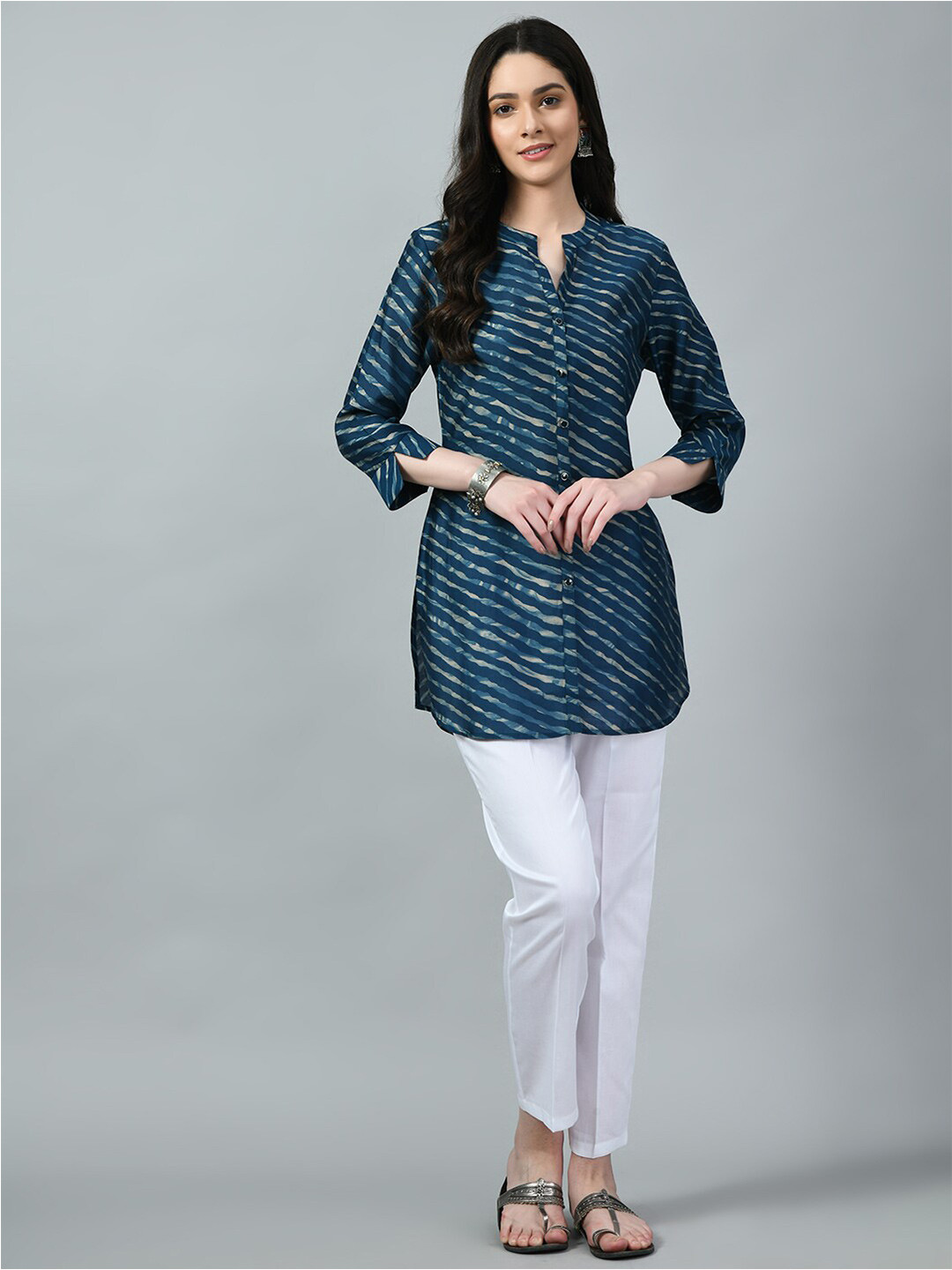 MEESAN Modal Band Collar Printed Tunic
