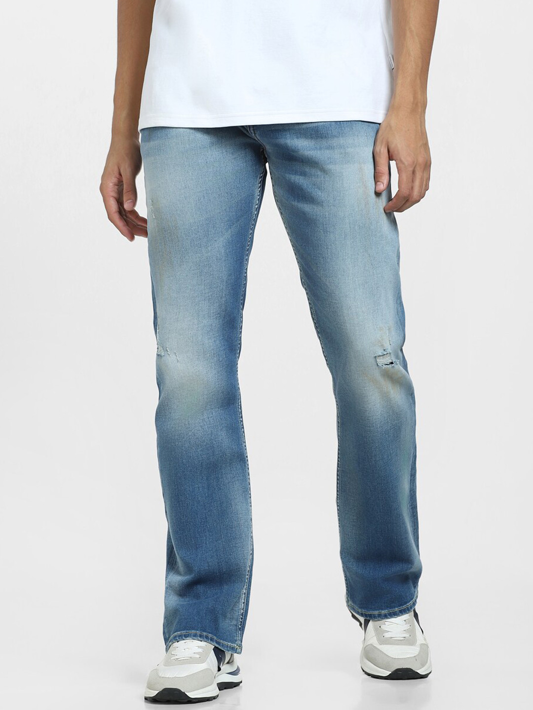 Jack & Jones Men Bootcut Low-Rise Low Distress Light Fade Stretchable Jeans