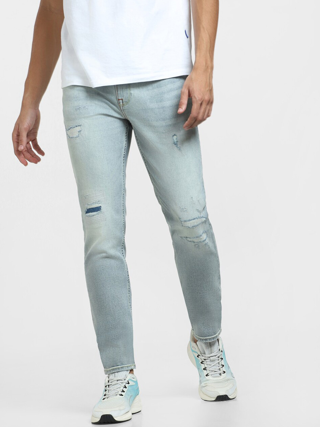 Jack & Jones Men Slim Fit Low-Rise Highly Distressed Heavy Fade Stretchable Jeans