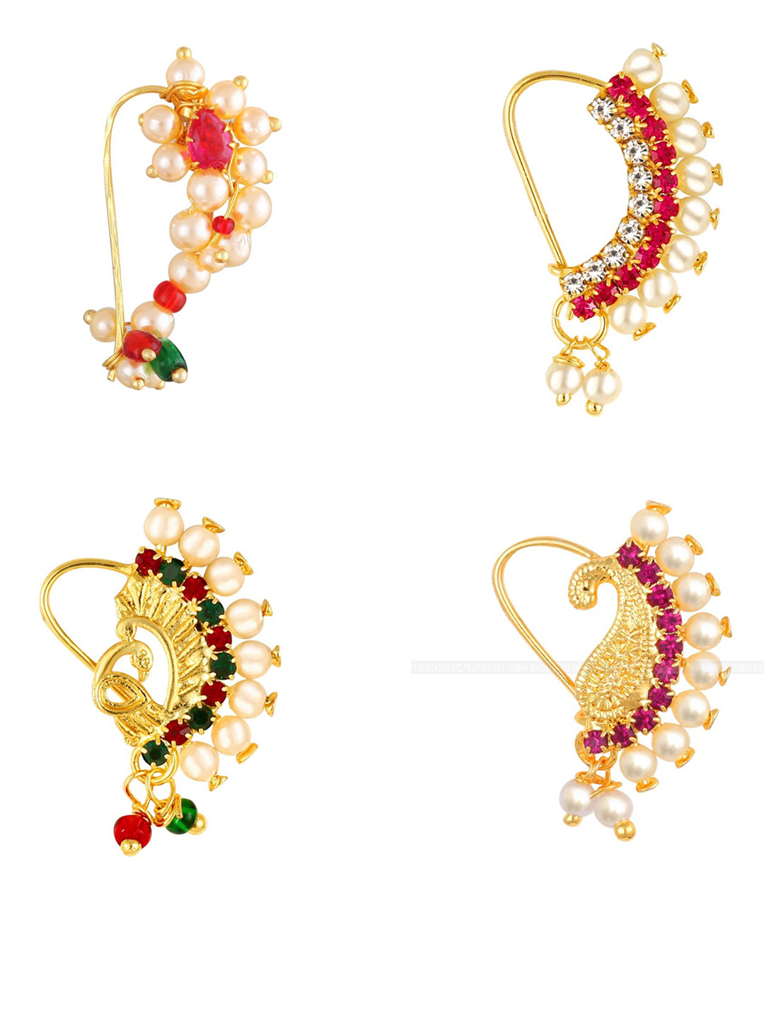 Vighnaharta Set Of 4 Gold-Plated Stone Studded & Pearls Beaded Nose pins