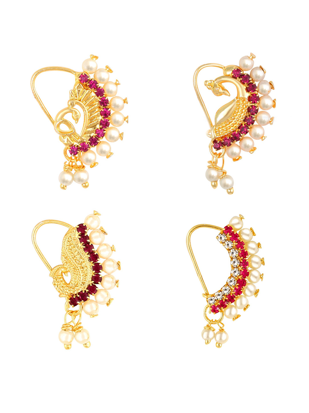 Vighnaharta Set Of 4 Gold-Plated Stone-Studded & Pearl Beaded Ring Nosepins