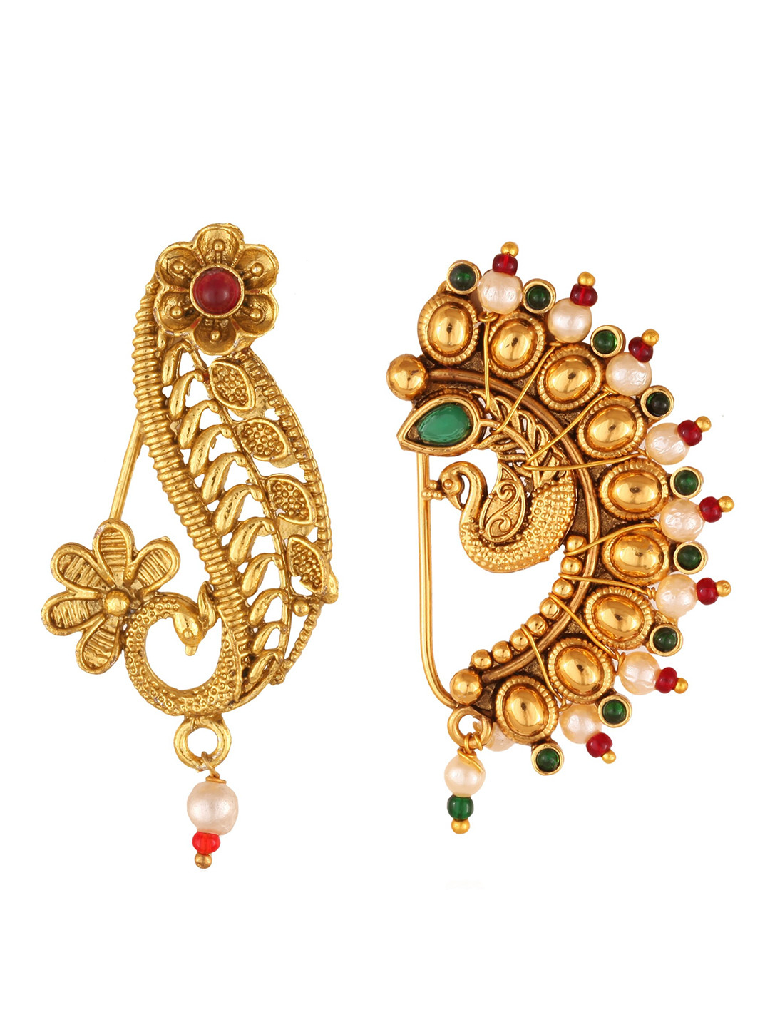 Vighnaharta Set Of 2 Gold-Plated Stone-Studded & Pearl Beaded Nosepins