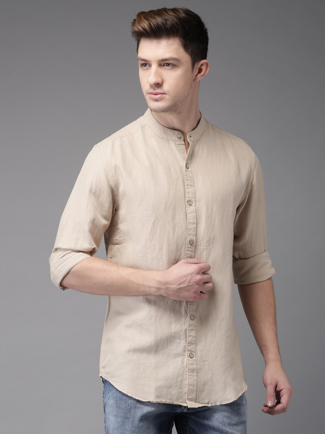 Buy HERE&NOW Men Linen Blend Beige Sustainable Casual Shirt