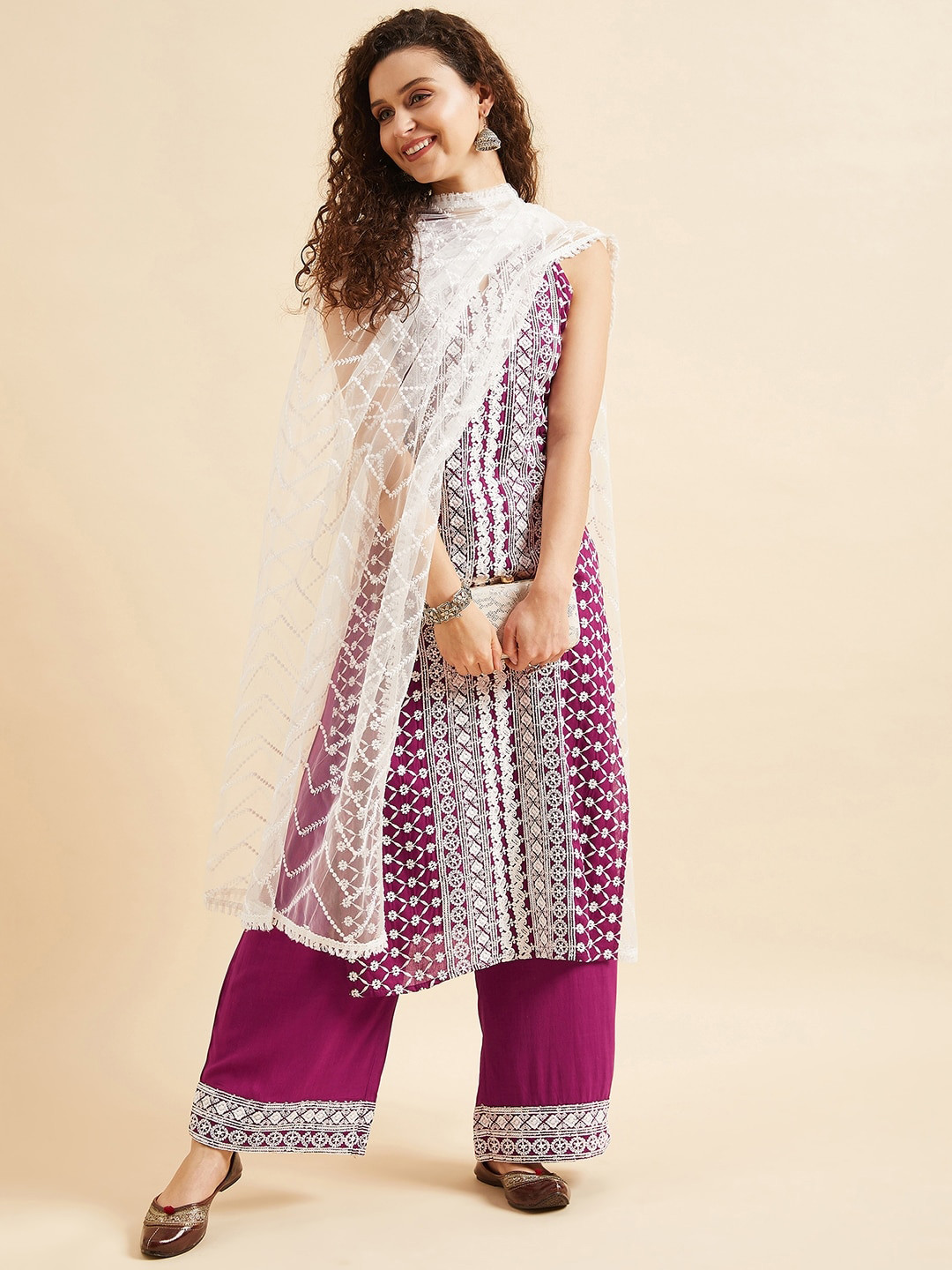 PANIT Purple Ethnic Motifs Embroidered Thread Work Regular Kurta with Palazzos & Dupatta