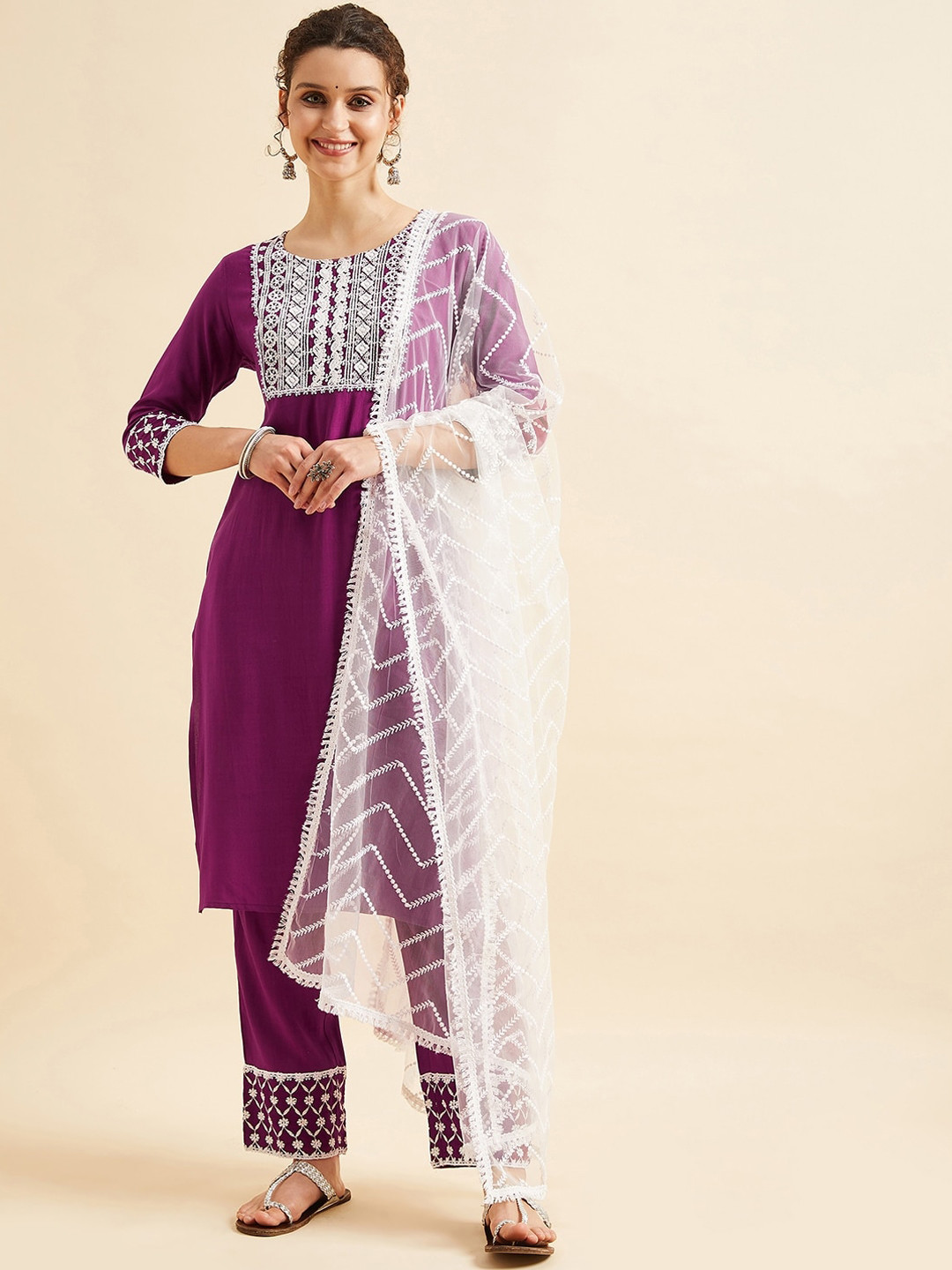 PANIT Purple Ethnic Motifs Embroidered Thread Work Regular Kurta with Trousers & Dupatta