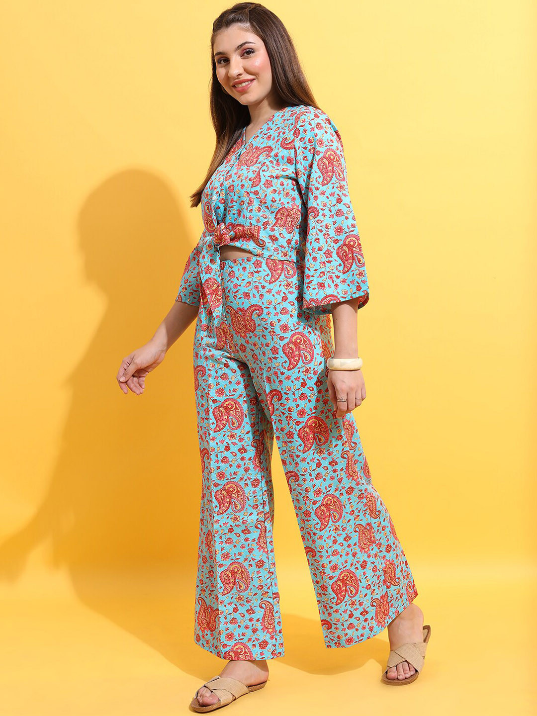 Vishudh Blue & Red Floral Printed Knotted Top With Palazzos