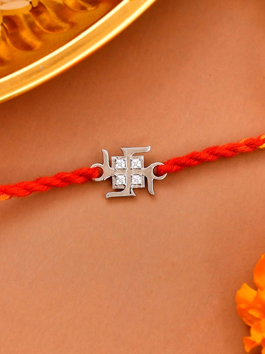 Studio Voylla Men Silver-Plated 925 Sterling Precious Swastik Tie-Up Rakhi