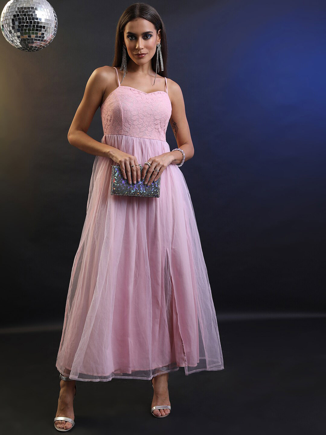 Tokyo Talkies Women Pink Lace Maxi Slit Dress