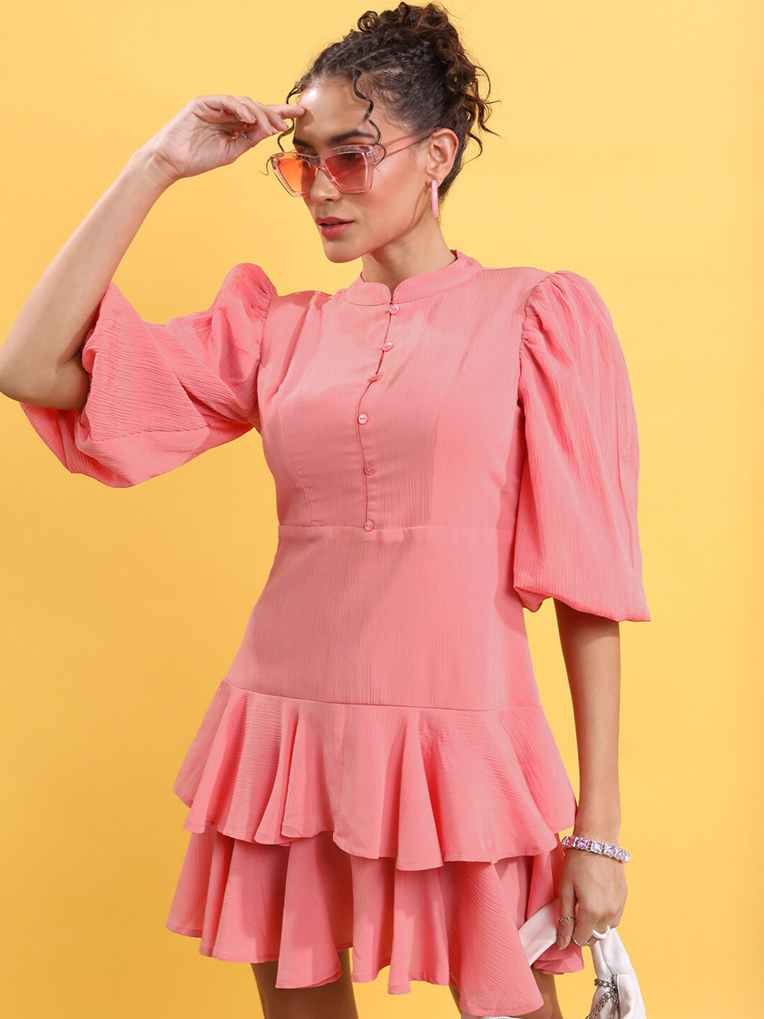 Tokyo Talkies Peach Puff Sleeves Mandarin Collar Drop-Waist Dress