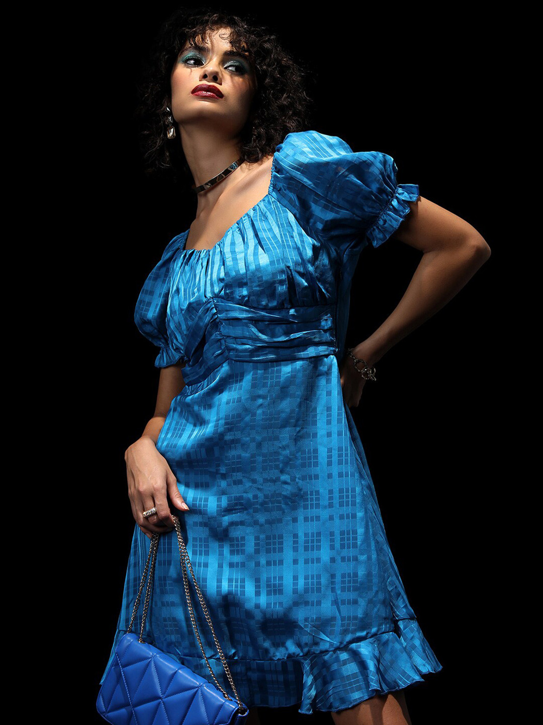 Tokyo Talkies Women Blue Fit And Flare Rouched Dress