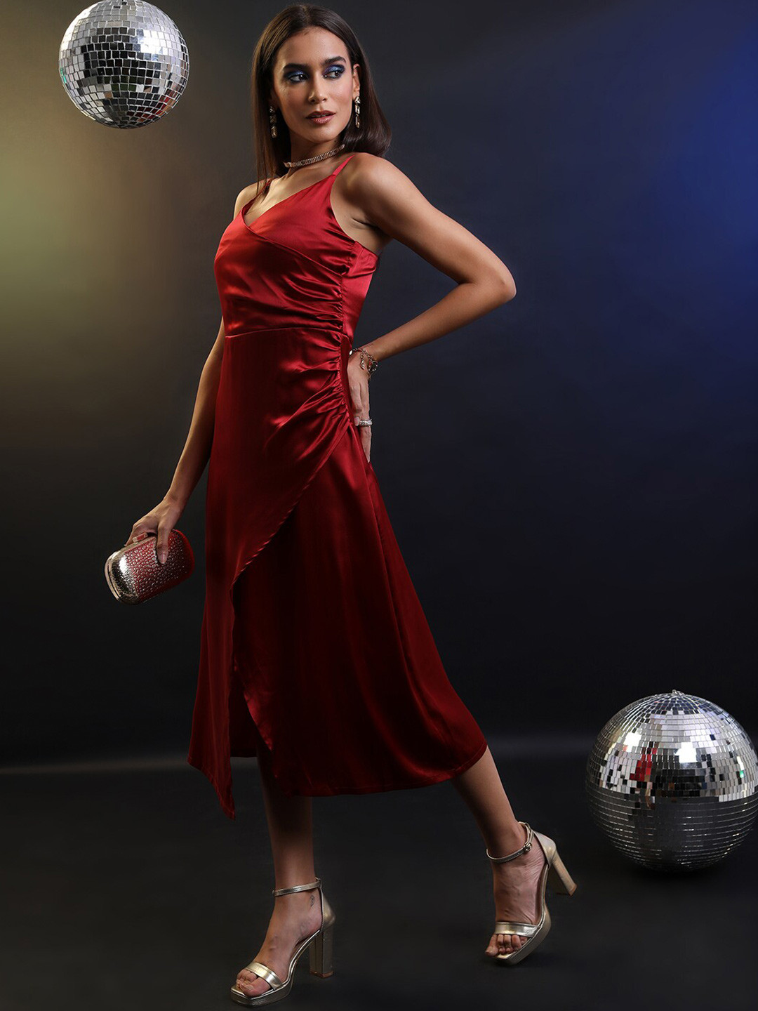 Tokyo Talkies Ruched Women Satin Overlapping Midi Length Strappy Satin Dress