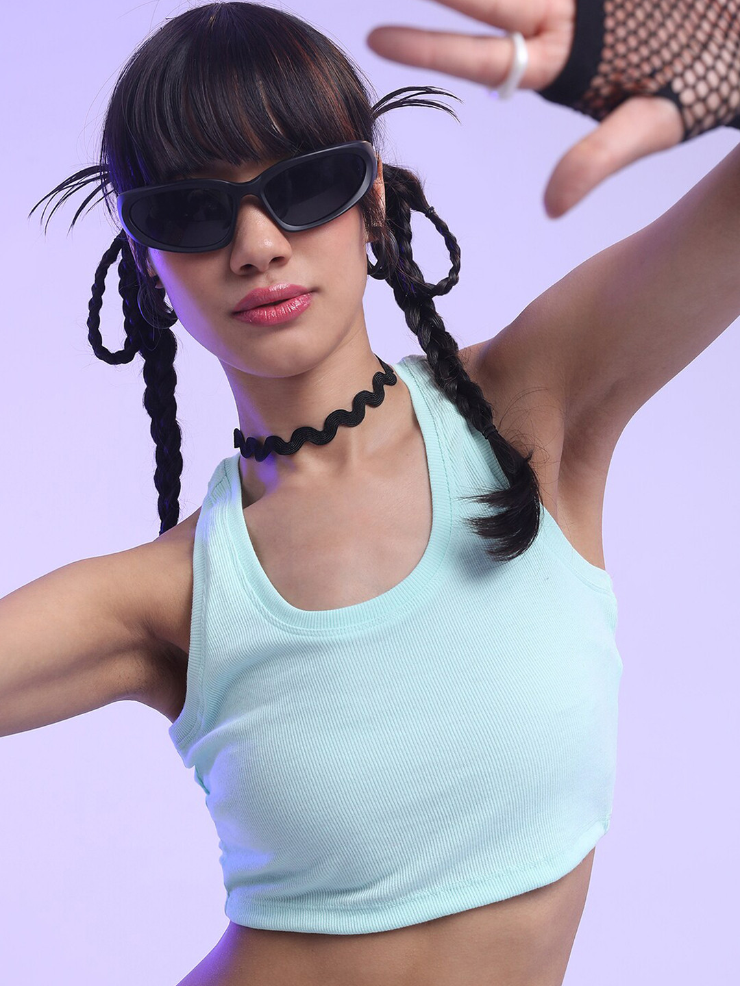 Tokyo Talkies Green Scoop Neck Fitted Crop Top