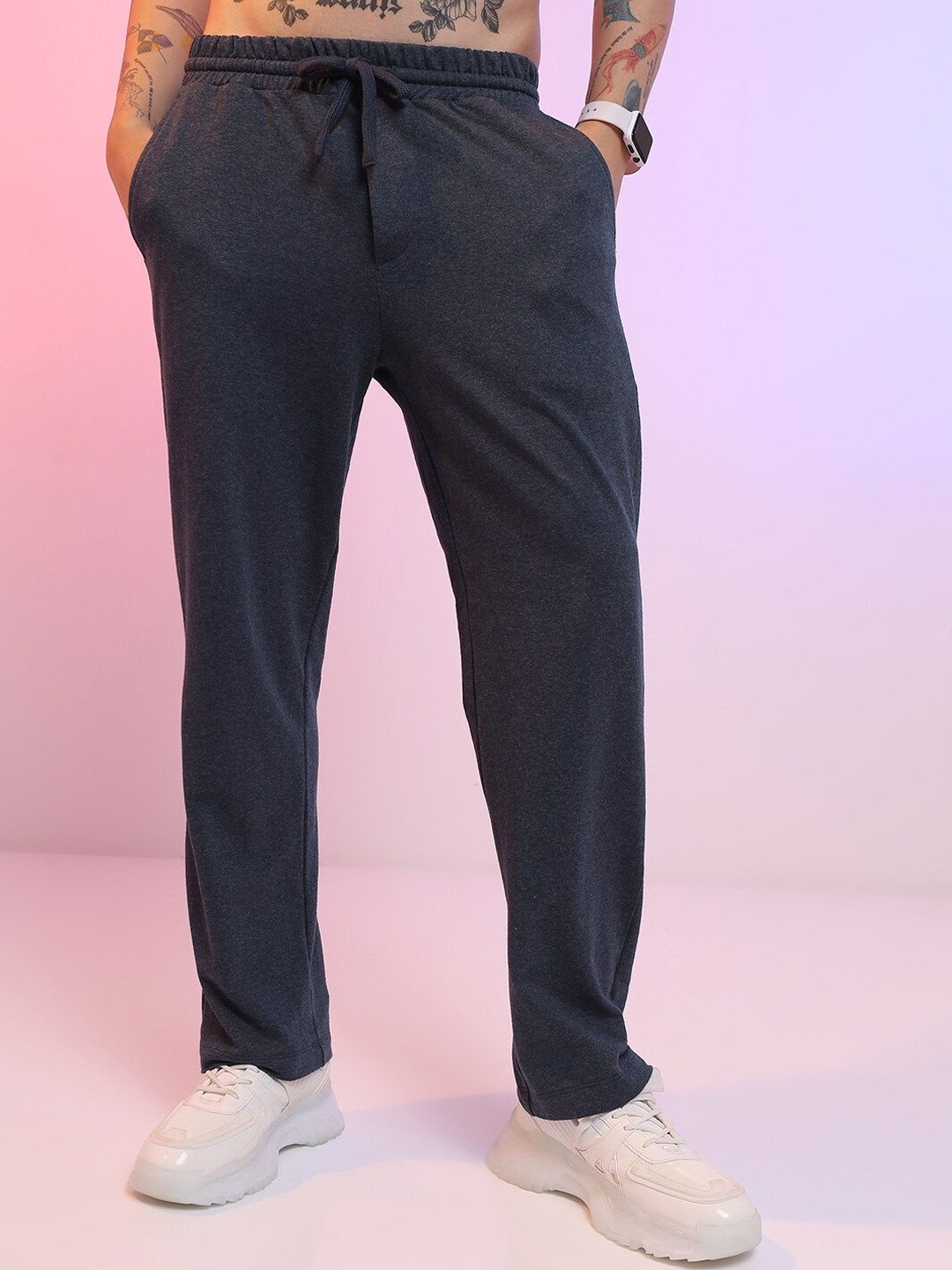 HIGHLANDER Men Knitted Navy Blue Relaxed Fit Straight Trouser