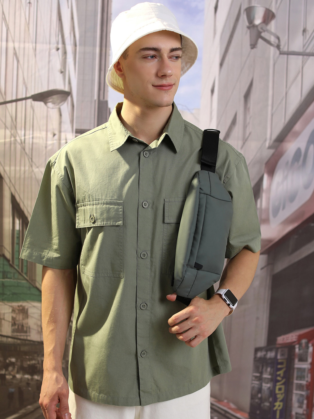 HIGHLANDER Men Olive Drop Shoulder Boxy Oversized Shirt