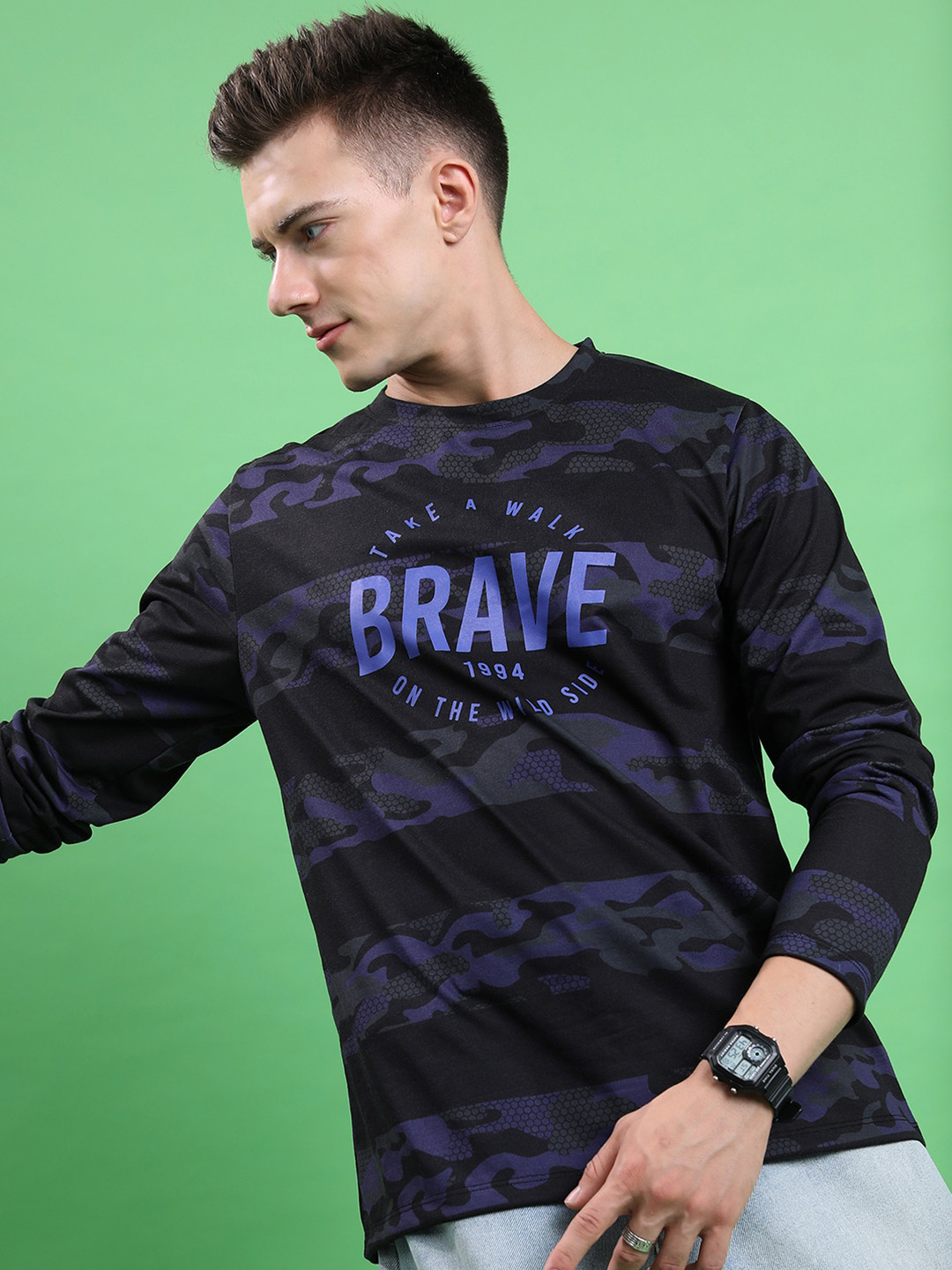 HIGHLANDER Black Camouflage Printed Long Sleeves Slim Fit T-shirt