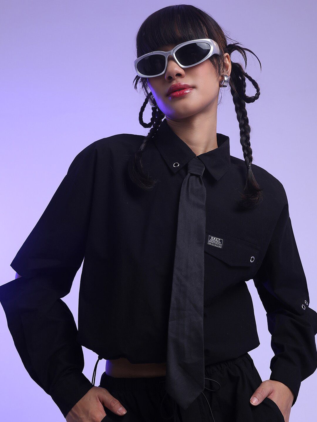 Street By Tokyo Talkies Black Button Down Collar Opaque Casual Crop Shirt