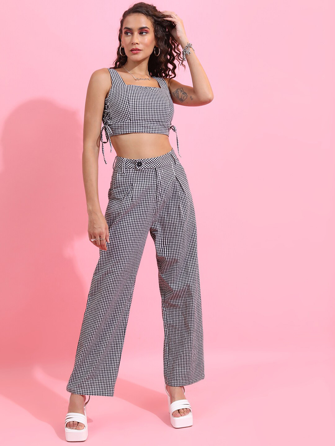 Tokyo Talkies Black Checked Lace Detail Pure Cotton Crop Top With Trousers