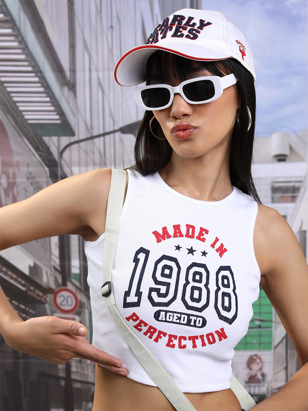Street By Tokyo Talkies White Graphic Printed Sleeveless Crop T-shirt