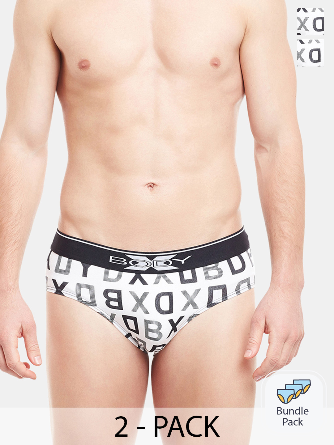 BODYX Men Pack Of 2 Printed Low-rise Cotton Briefs BX04B-White-PRT-2PCS-S