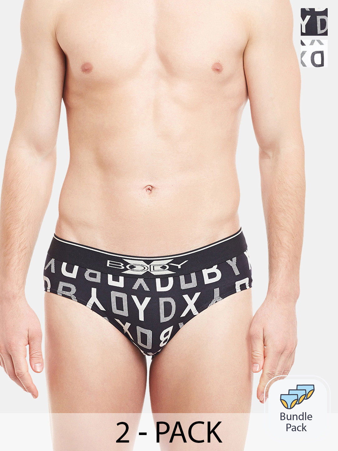 BODYX Pack Of 2 Typography Printed Cotton Basic Briefs BX04B-WBLK-2-XL