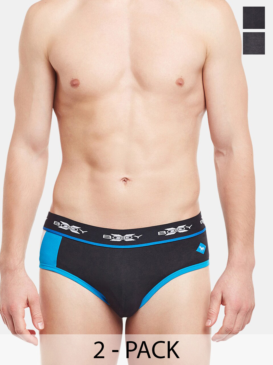 BODYX Pack Of 2 Colourblocked Super Combed Cotton Ribbed Briefs BX02B-Black-2PCS-S
