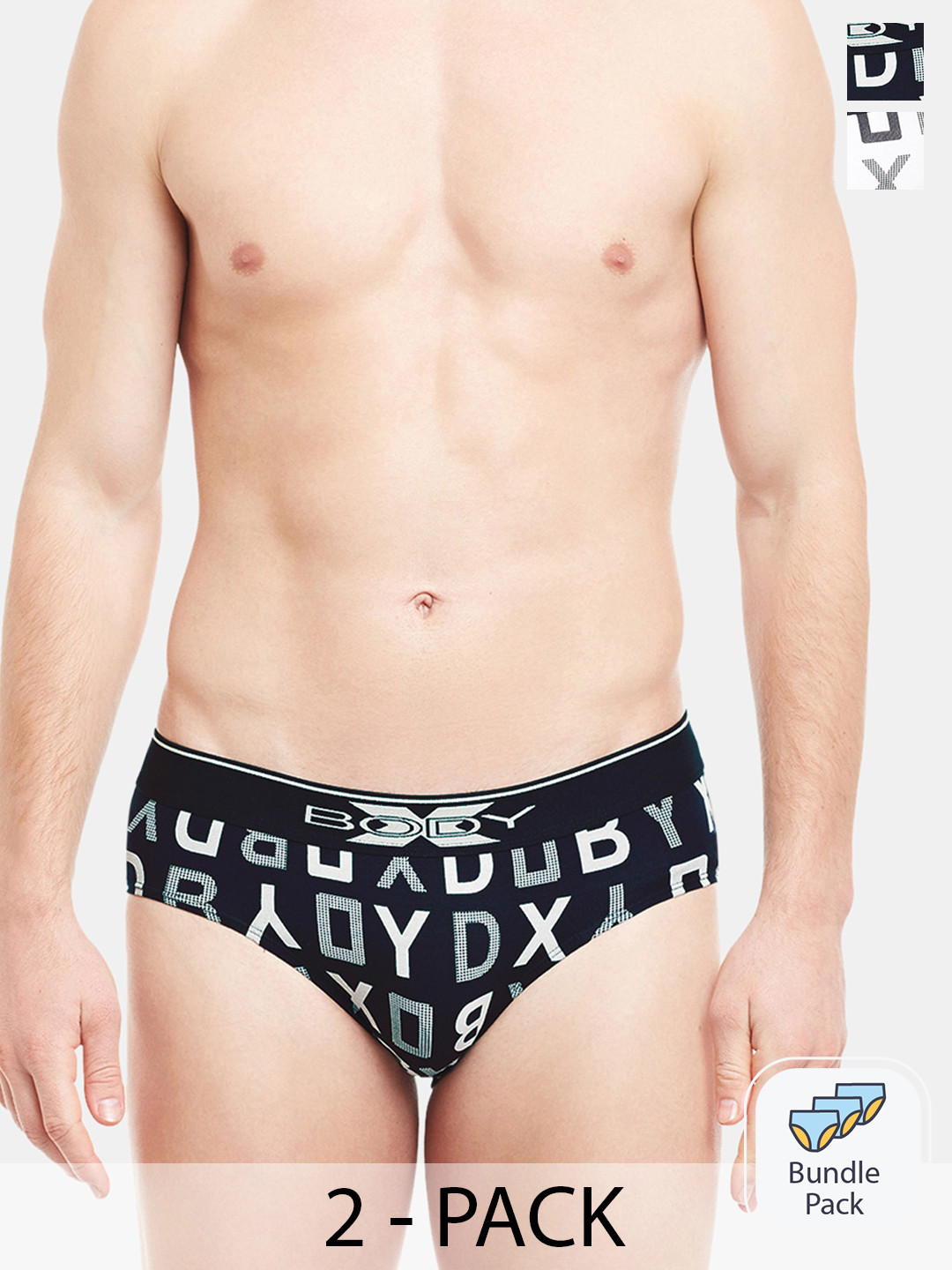 BODYX Men Pack Of 2 Typographic Print Cotton Ribbed Briefs BX04B-NAVW-2-S