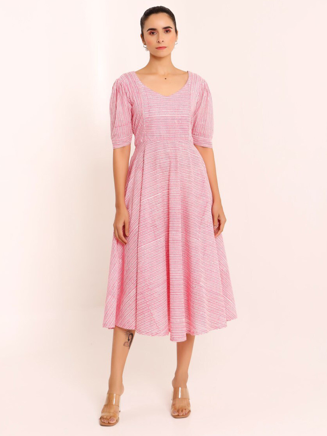 PHEETA V-Neck A-Line Midi Dress