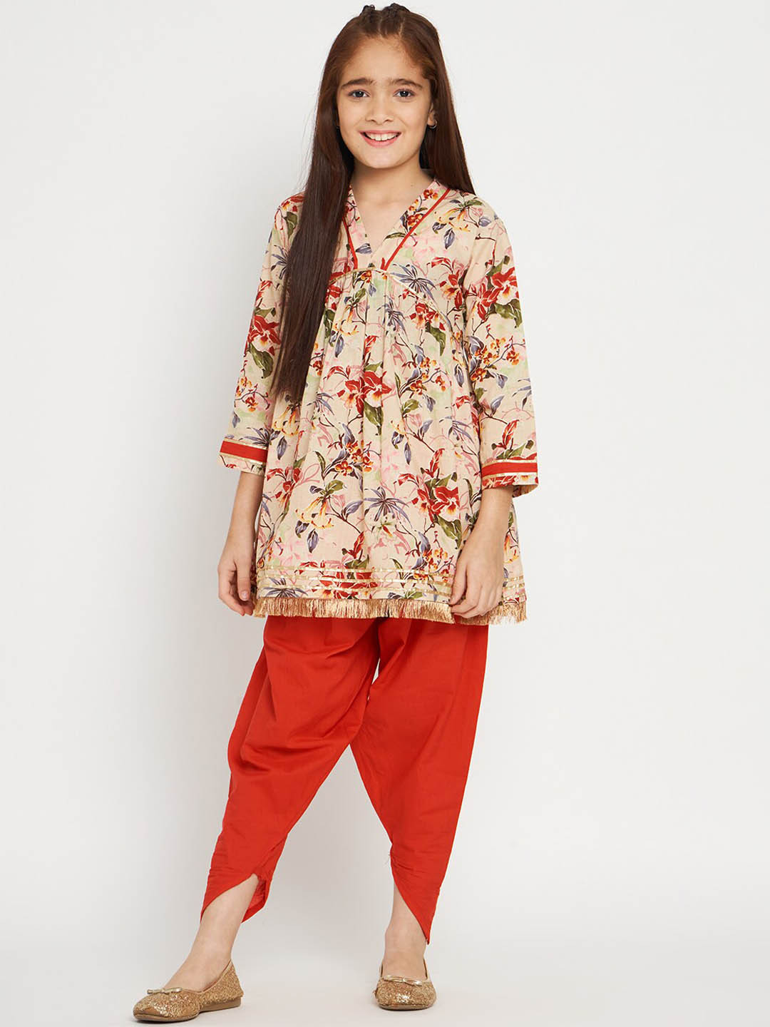 Readiprint Girls Floral Printed Empire Pure Cotton A Line Kurti With Harem Pants