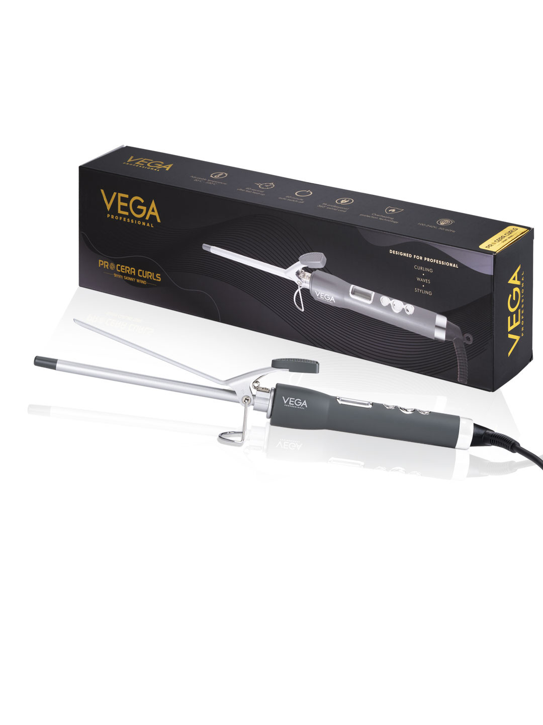 VEGA PROFESSIONAL VPMCT-07 Pro Cera 9mm Barrel Skinny Wand Hair Curler - Grey