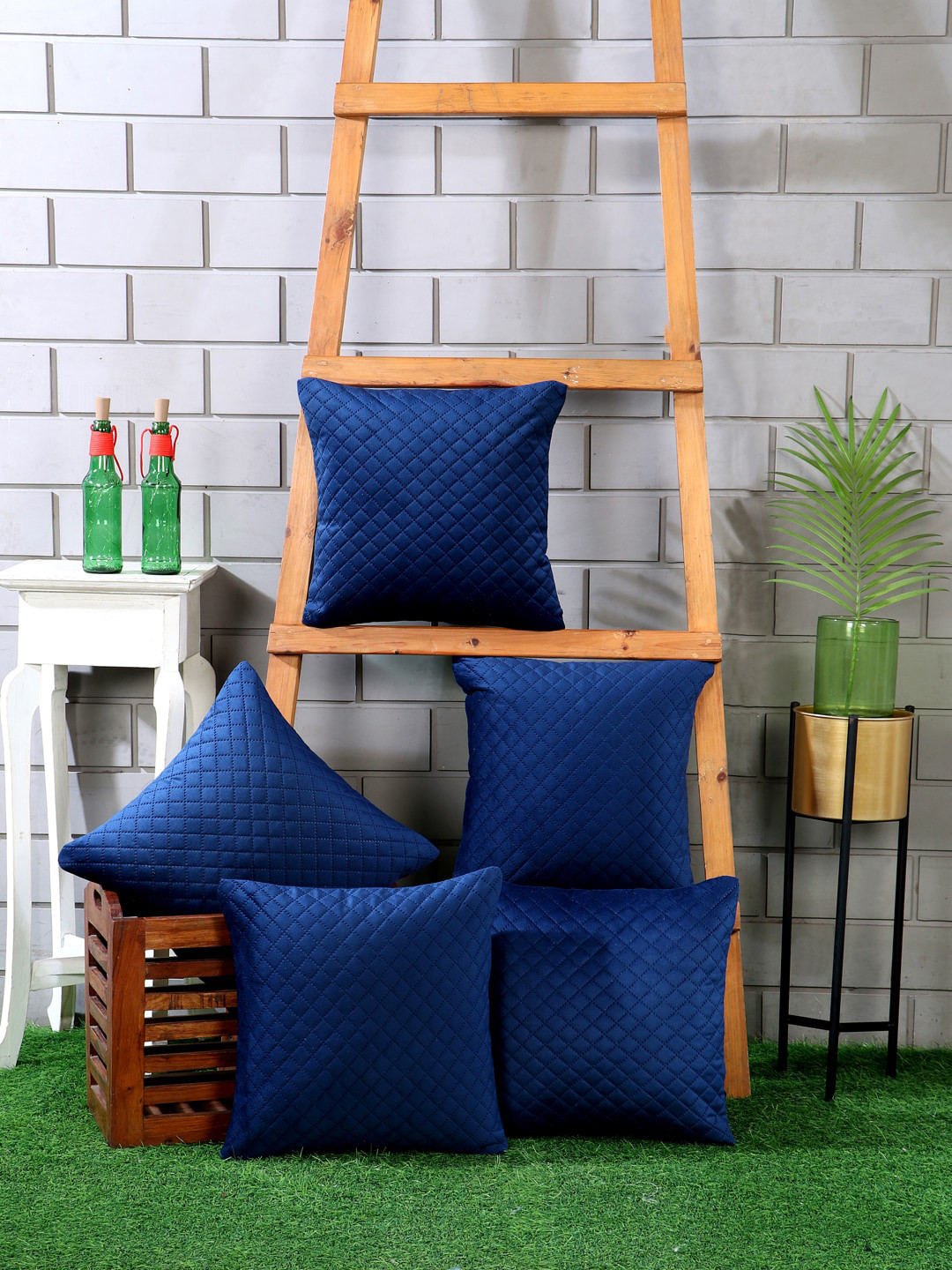 Nendle Solid Blue Geometric Polyester Silk Quilted 5 Pcs Textured Cushion Covers -16x16In