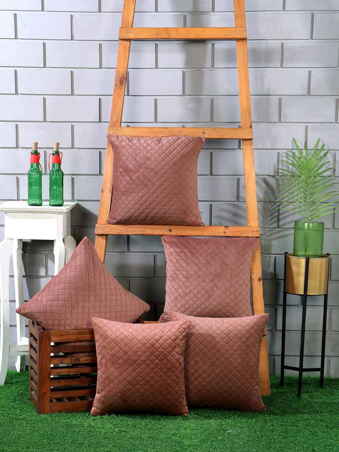 Nendle Rust Self Design Velvet Quilted 5 Piece Textured Square Cushion Covers -16x16In