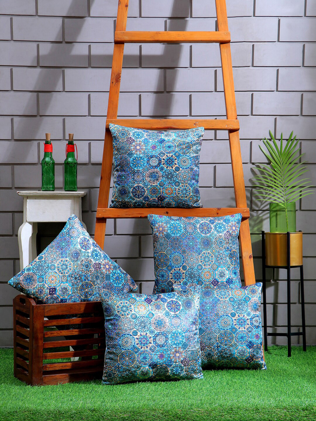 Nendle Blue Ethnic Motifs Velvet Washable 5 Piece Square Cushion Covers - 16 x 16 Inches