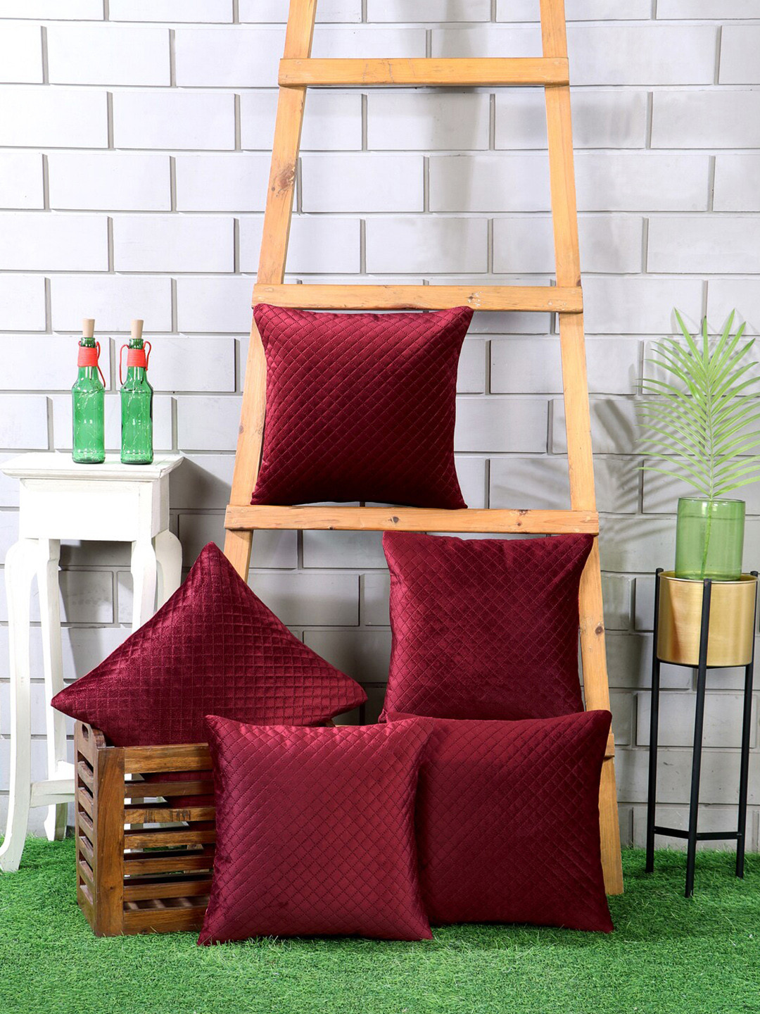 Nendle Maroon Geometric Velvet Quilted 5 Piece Textured Square Cushion Covers -16x16In