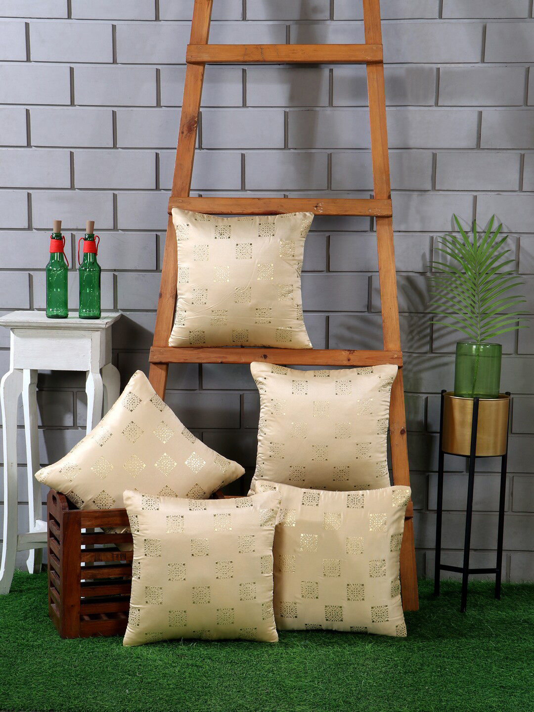 Nendle Gold-Toned 5 Pieces Ethnic Motifs Leather Square Cushion Covers