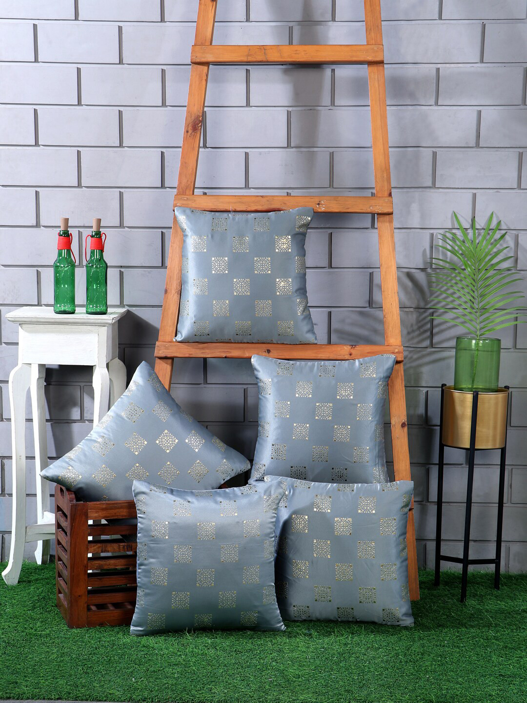 Nendle Grey & Gold-Toned 5 Pieces Ethnic Motifs Leather Square Cushion Covers