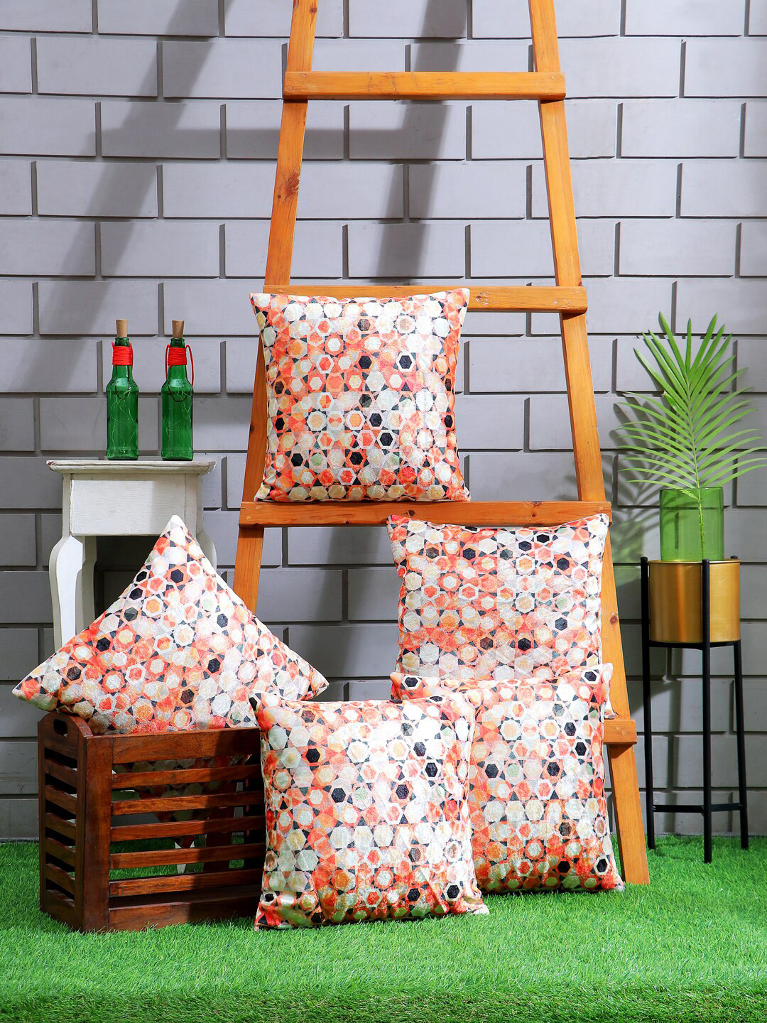 Nendle Orange Abstract Velvet Durable 5 Piece Square Cushion Covers - 15.7 x 15.7 Inches