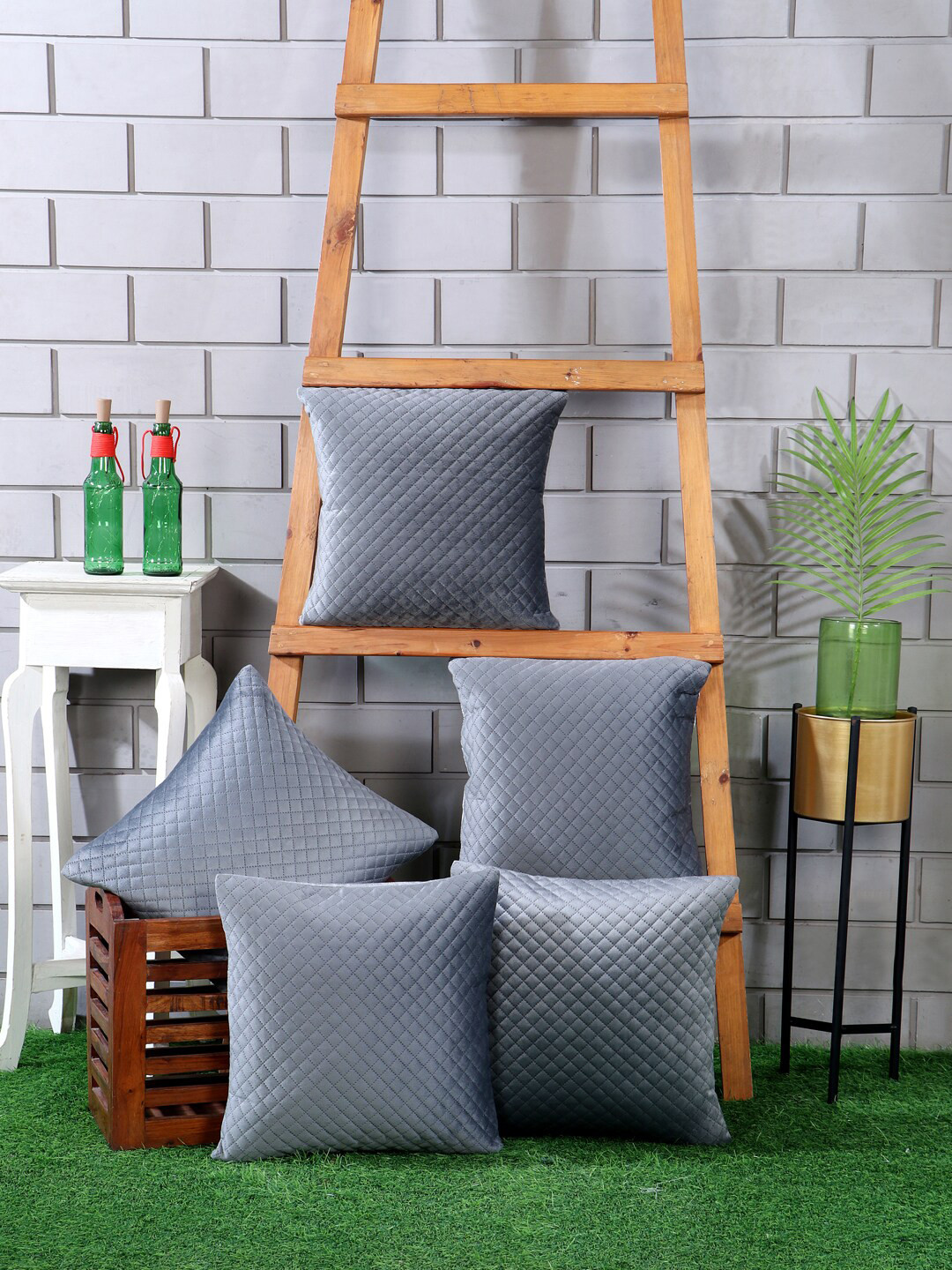 Nendle Grey Geometric Velvet Durable 5 Piece Square Cushion Covers - 16 x 16 Inches