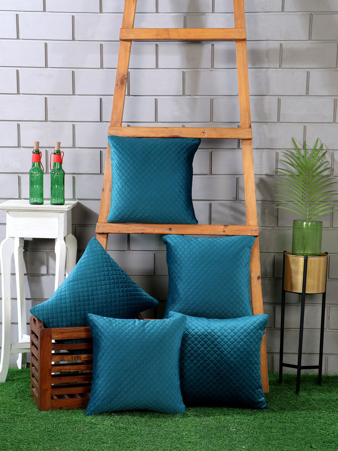 Nendle Teal 5 Pieces Self Design Velvet Square Cushion Covers