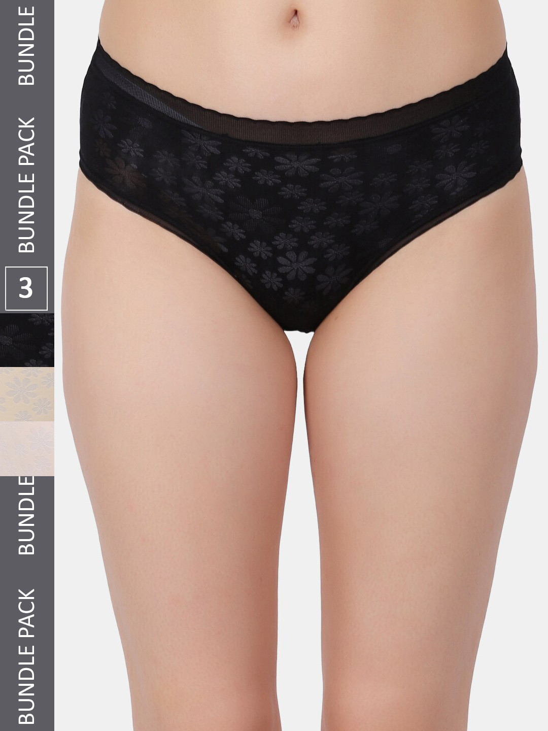 Amour Secret Pack of 3 Self Design Mid-Rise Bikini Briefs P205N_Blk_Skn_Ylw