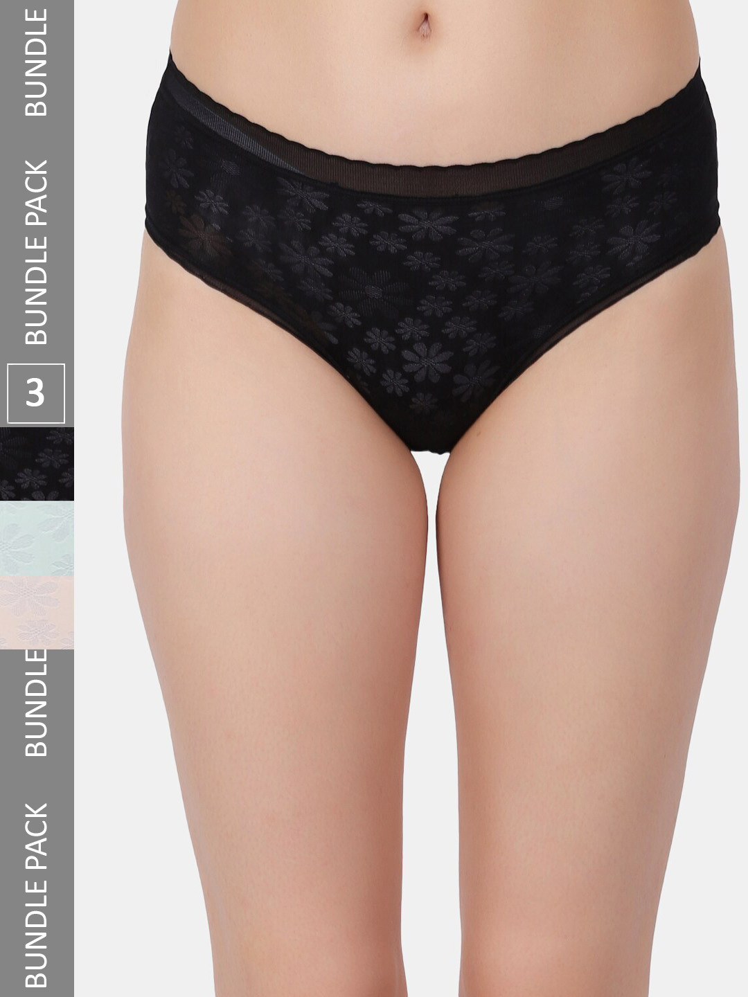 Amour Secret Pack Of 3 Self Design Leak-Proof Hipster Briefs P205N Blk-Grn-Skn