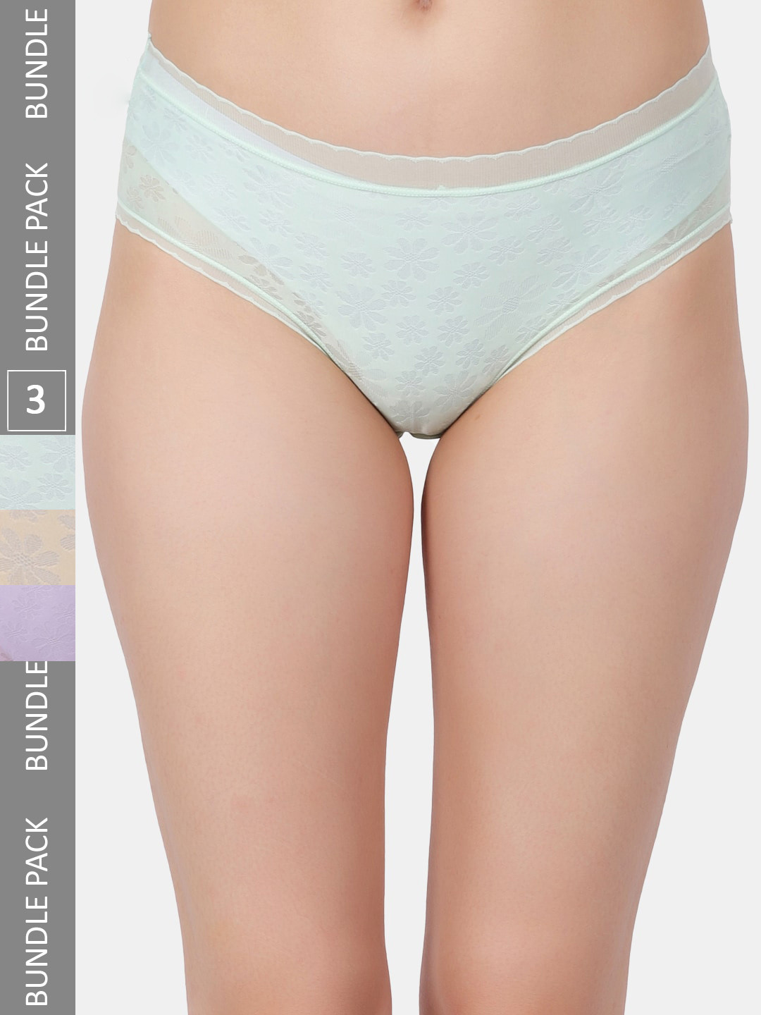 Amour Secret Pack Of 3 Self design Leak Proof Lace Bikini Briefs VAN:P205N_Grn_Prl_Ylw