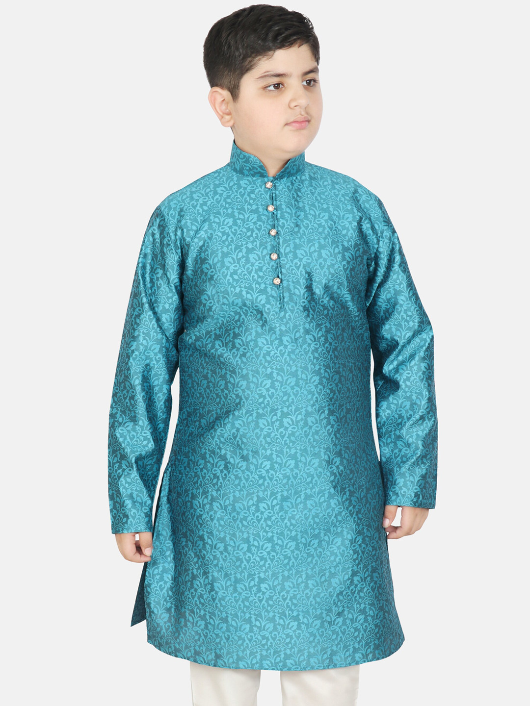 SG YUVRAJ Boys Floral Printed Beads And Stones Jacquard Raw Silk Kurta