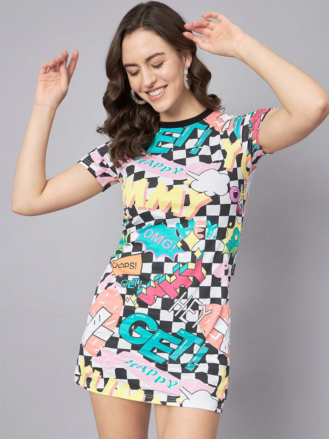 The Dry State Black, Green & Yellow Typography Printed Round Neck Sheath MIni Dress