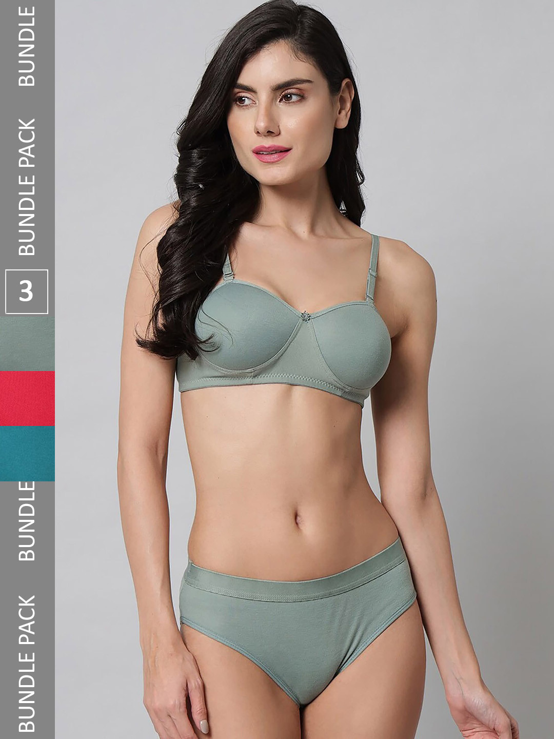 PIBU Pack Of 3 Lightly Padded Cotton Lingerie Set  FC_R_Demi Set_Red,Blue,Green_30