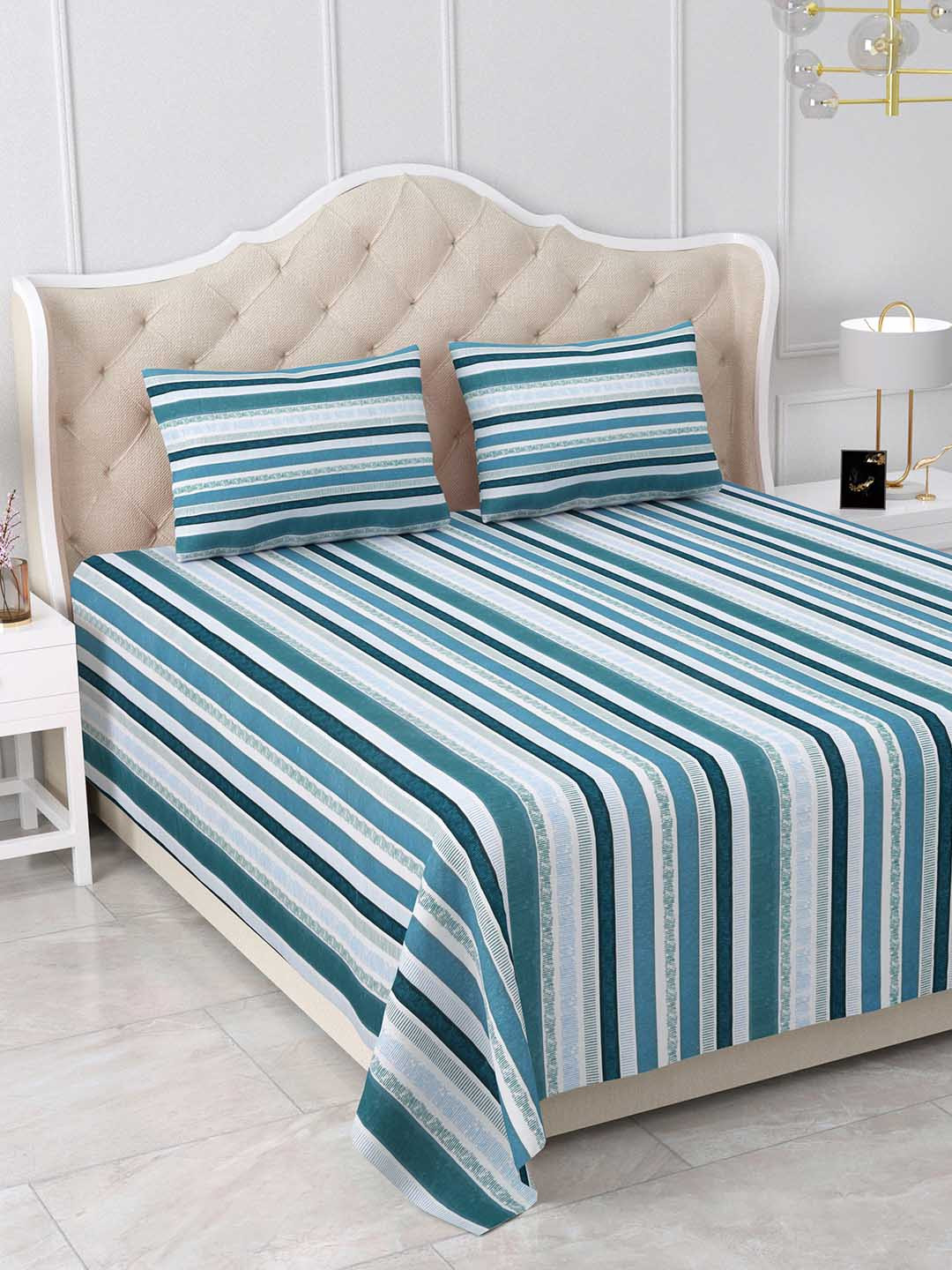 BELLA CASA Stella Blue Striped Cotton 180 TC King Fine Bedsheet with 2 Pillow Covers-87 x 107 inches