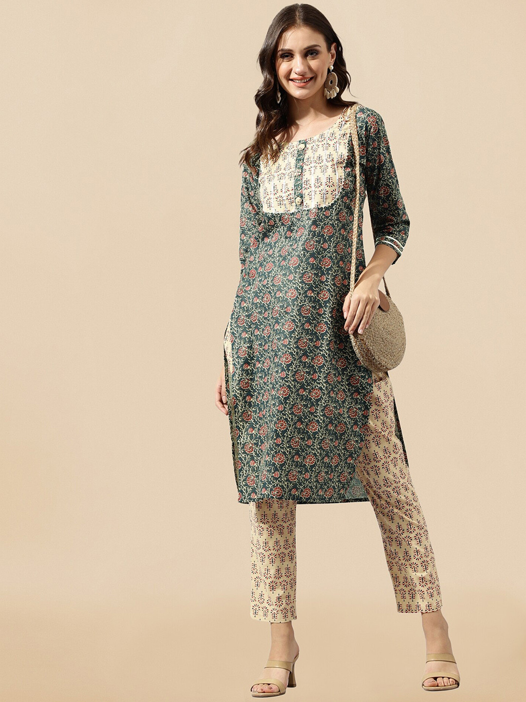 KALINI Floral Printed Gotta Patti Pure Cotton Kurta With Trousers