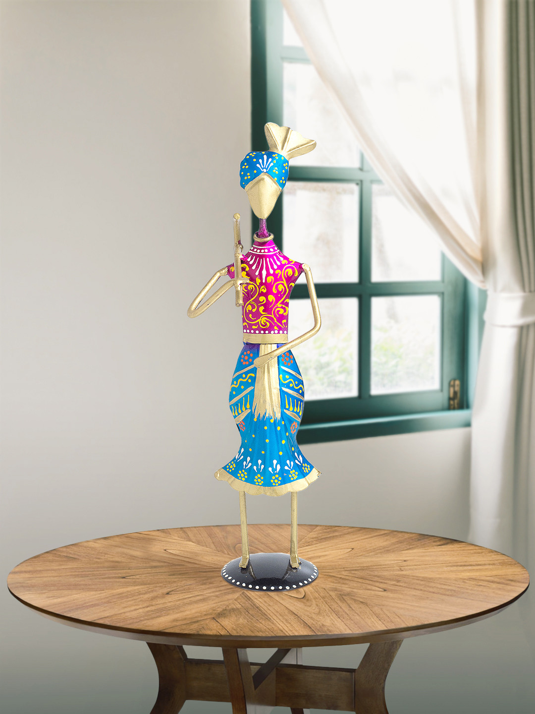 Golden Peacock Village Men Blue Metal Metallic Living Room Hand-Crafted Large Showpiece - 13.4 Inches