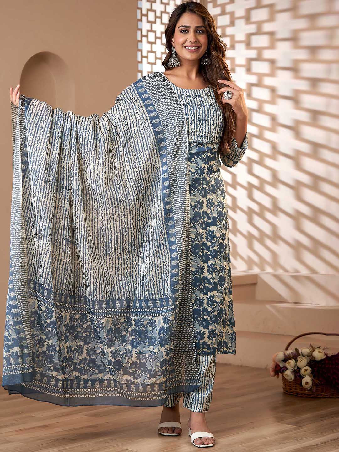 FASHION DEPTH Floral Printed Mirror Work Kurta & Trousers With Dupatta