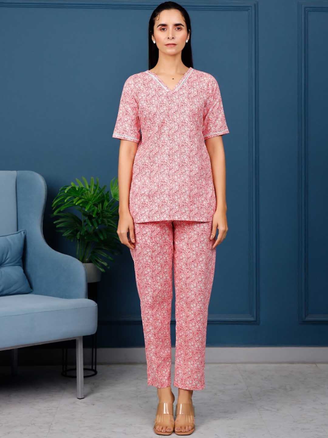 PHEETA Floral Printed V-Neck Pure Cotton Top with Trousers