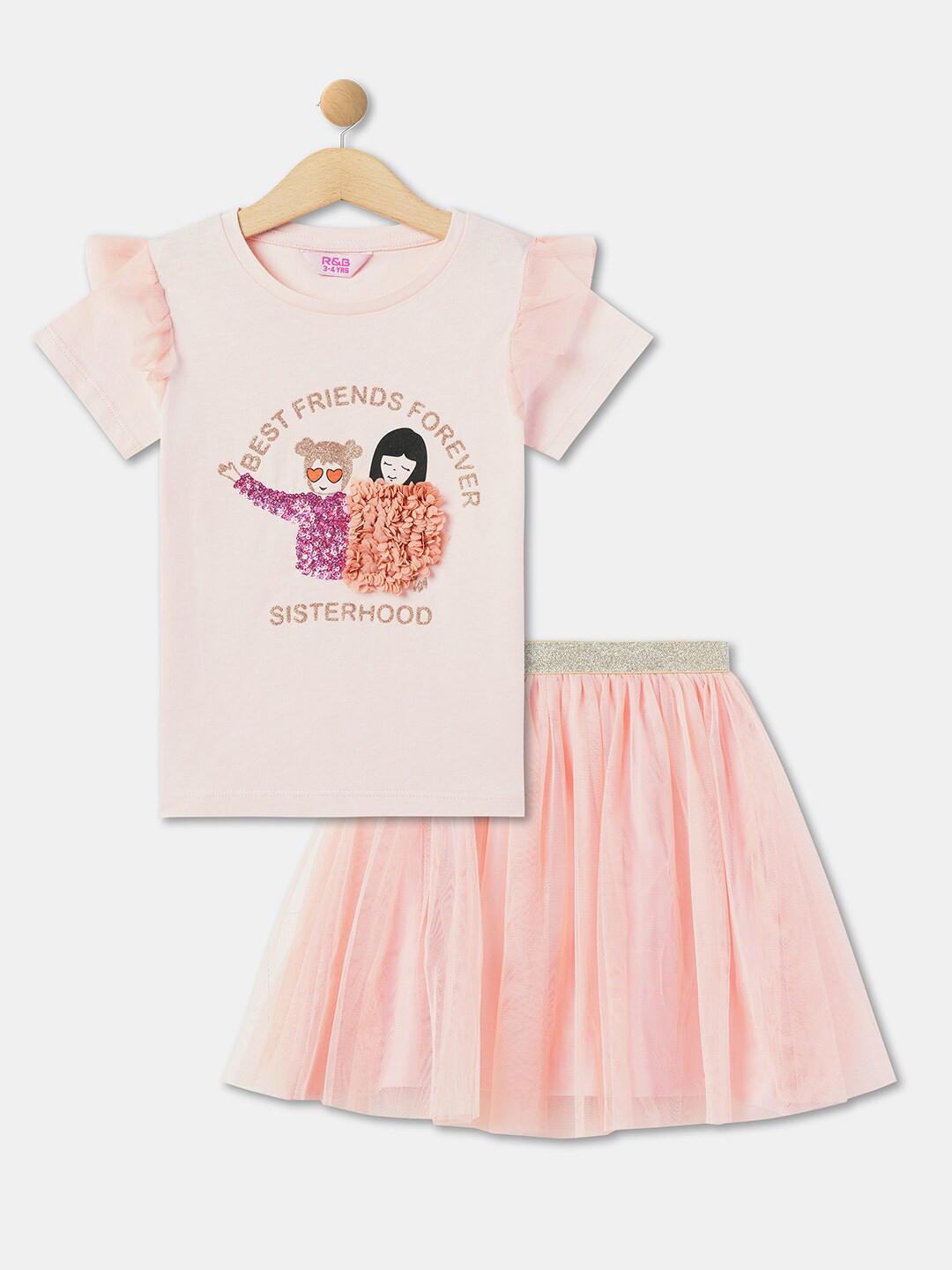 R&B Girls Embellished Pure Cotton Top With Skirt